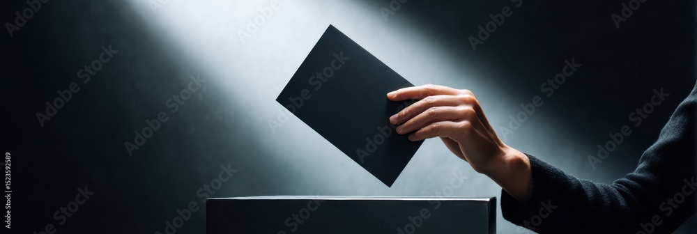 Poster modern social responsibility concept with hands inserting official ballot into secure box with drama