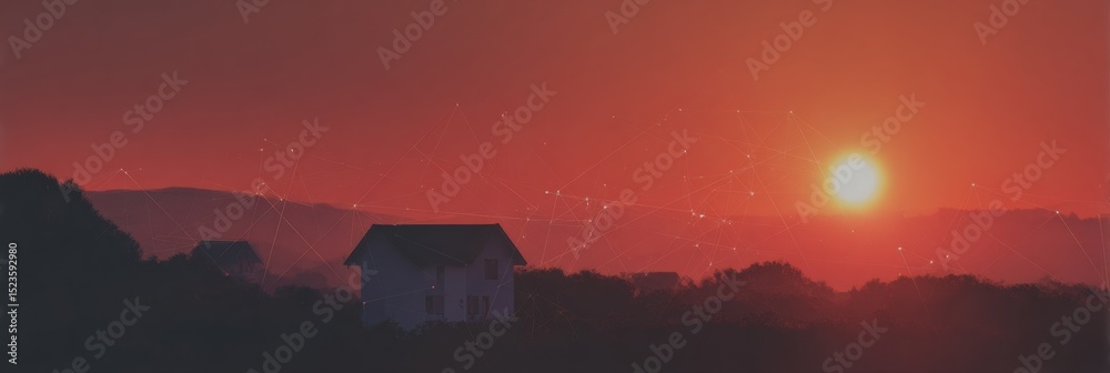 Poster Smart Home Security Visualization with Intrusion Detection and Geometric Network Patterns in Dramatic Sunset Aesthetic for Advanced Residential Protection