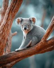 Fototapeta premium Close-Up of Koala in Natural Australian Eucalyptus Forest Habitat Emphasizing Authentic Wildlife and Eco-Tourism Experience with Soft Earthy Tones