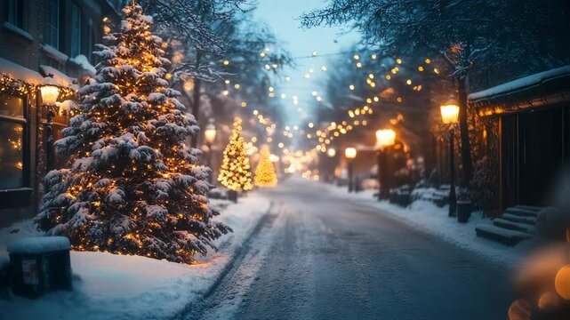 Enchanting Winter Wonderland: A Christmas Tree Lined Street with Snowy Scenery and Festive Lights