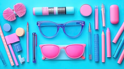 Naklejka premium Pastel Stationery Sunglasses Flatlay.