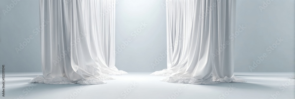 Poster minimalist white draped curtains with soft lighting and clean background for modern commercial event