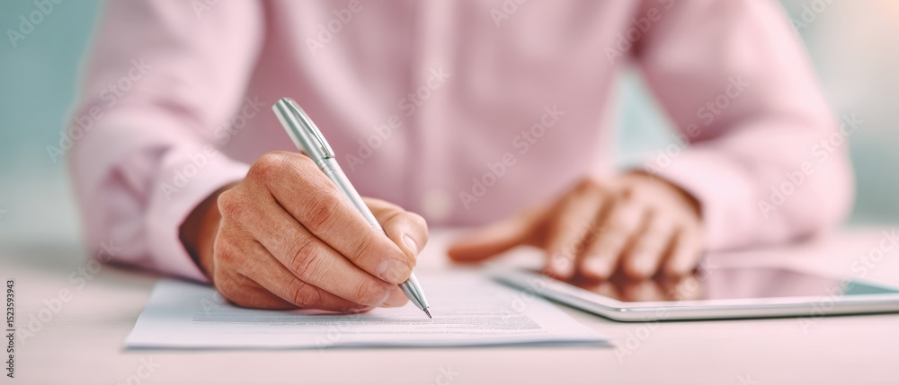 Poster Modern Business Workflow Professional Writing on Paper with Digital Tablet Displaying Electronic Forms - Hybrid Documentation and Digital Transformation Trend