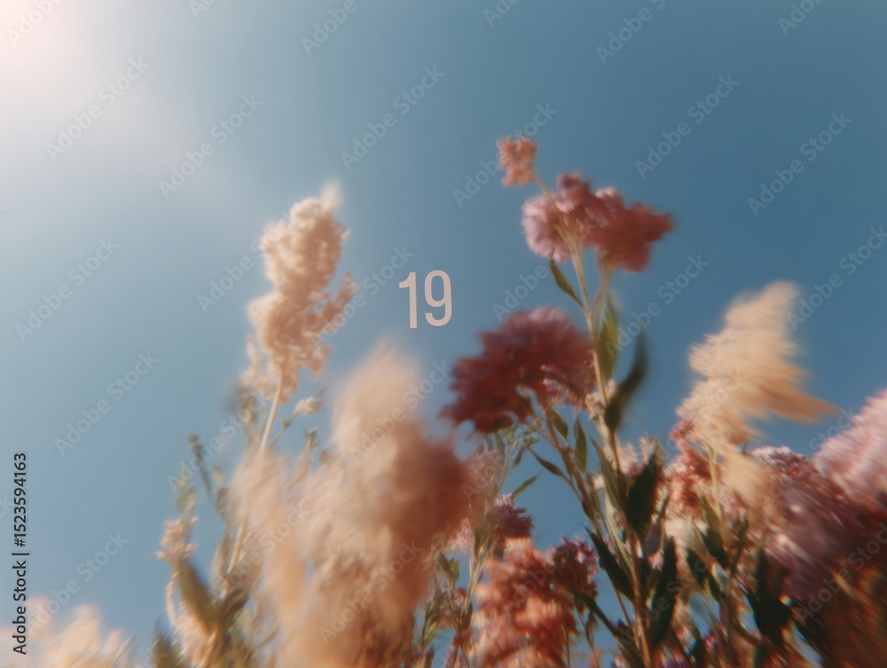 Poster minimalist calendar page displaying number 19 with soft pastel floral background and blue sky for mo