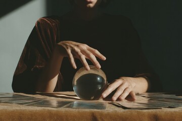Mystical Fortune Tellers Hands Over Crystal Ball with Tarot Cards, Capturing Spiritual Divination Energy for Metaphysical Services and Modern Insight