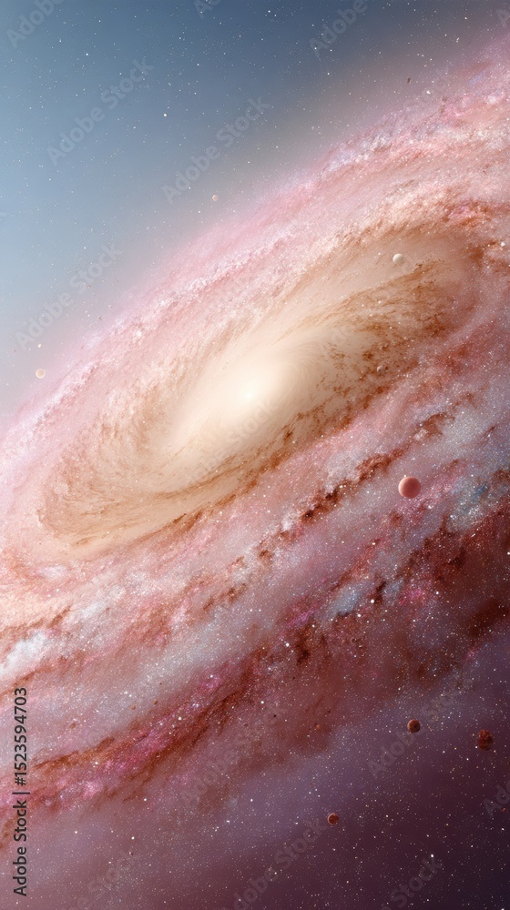 Poster spiral galaxy deep space celestial map with dust lanes and planets for educational astronomy and cos