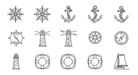 Nautical Icons Line Art Collection of Ships, Anchors, and Navigation Symbols