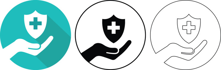 Fototapeta premium Health insurance medical shield with cross symbol held in open hand representing protection