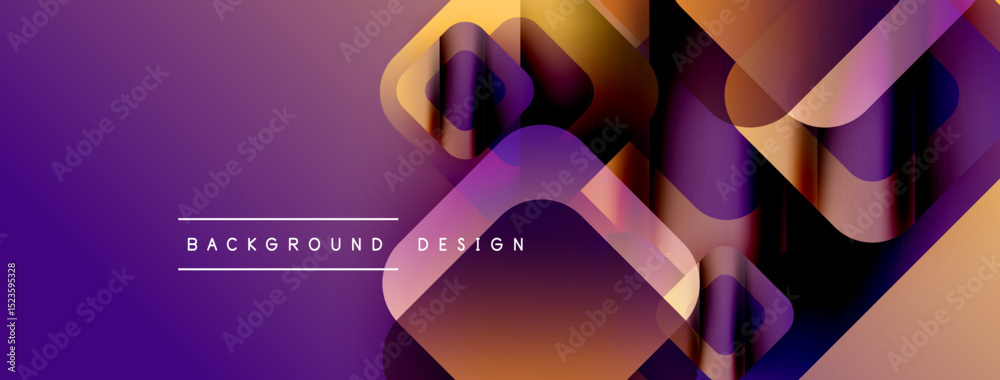Poster Abstract geometric shapes overlap, creating vibrant purple gradient background. Text reads background design. Modern, dynamic visual composition.