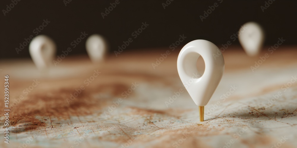 Poster Futuristic Location Tracking Interface with Digital Map Pins on Network Grid, Warm Rustic Textures and Earthy Palette for Tech Marketing and Navigation