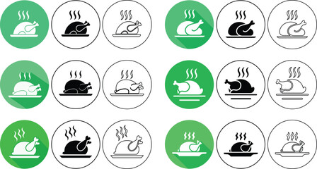 Various roasted chicken icons set within green and white circular frames restaurant food graphics