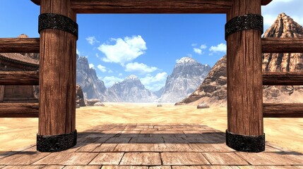 Obraz premium Wooden gate framing a desert landscape with rocky mountains under a partly cloudy sky. The scene is viewed from a wooden platform