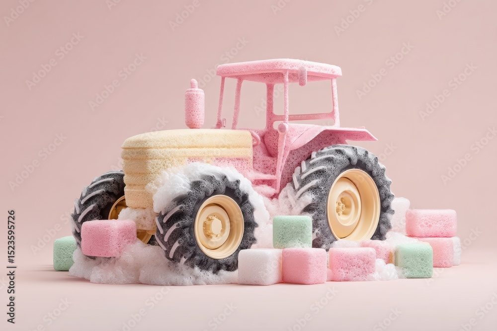 Aufkleber foam-covered tractor model surrounded by colorful sugar cubes in pastel minimalist style - modern in