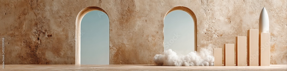 Poster Minimalist white rocket ascending over ascending bar graph with dotted trajectory on neutral textured background symbolizing financial growth and market expansion