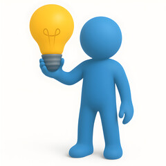 3D Blue Figure Holding a Light Bulb Representing a New Idea or Innovation