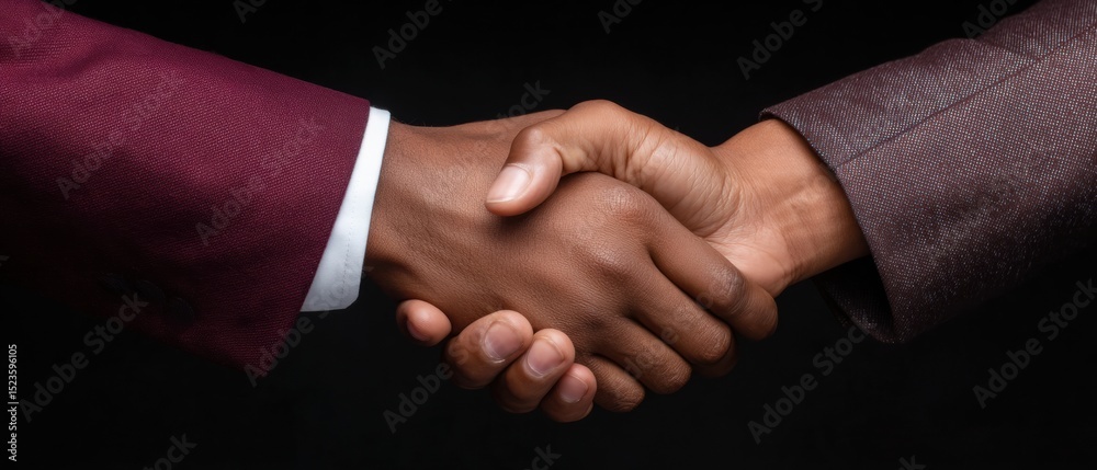 Poster close-up of firm handshake between suited officials on dark background representing diplomatic power