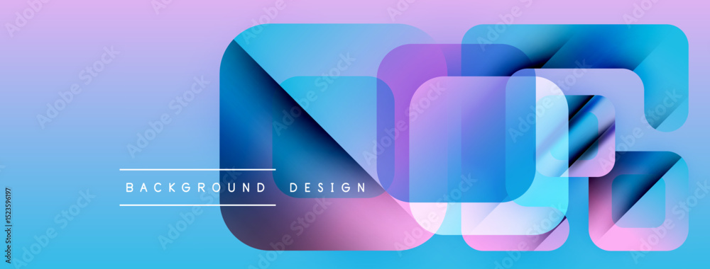 Poster abstract geometric shapes overlap, creating vibrant purple, blue gradients. background features text