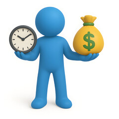 Time is Money 3D Character Balancing Clock and Money Bag