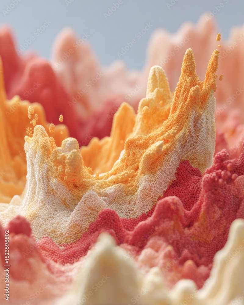 Aufkleber Abstract Particle Terrain with Rising Peaks in Warm Tones, Modern Visualization of Data Landscapes for Creative Tech and Digital Innovation