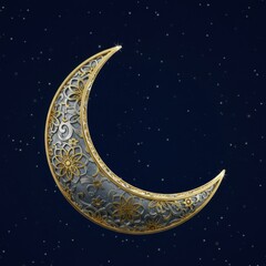 Naklejka premium Ornate Crescent Moon Against a Starry Night Sky: A Festive Islamic Design