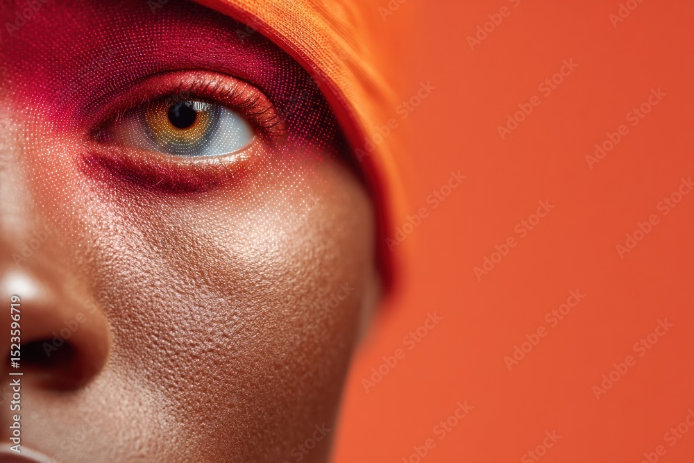 Poster Close-up of vibrant facial biometric login with scanning grid and deepfake detection for cybersecurity and digital identity protection in pop art style