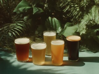 Craft Beer Flight with Varied Foam Heads and Liquid Clarity in Natural Light, Ideal for Brewery Tour Banners and Artisanal Brewing Marketing