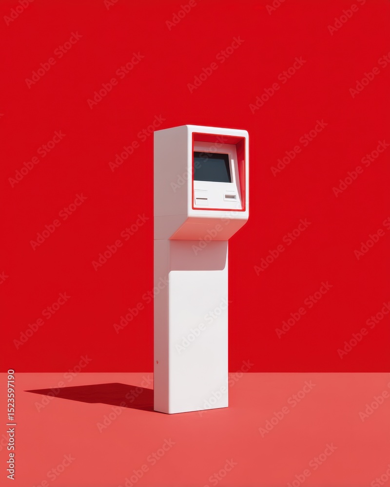 Poster modern minimalist self-service ticket kiosk with blank screen and payment terminal against vibrant r