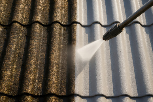 high pressure water cleaning transforming dirty tiled roof to clean, bright surface, showcasing effective maintenance technique
