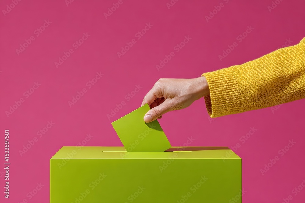 Poster modern voting concept with green ballot box and womans hand casting vote against pink background for