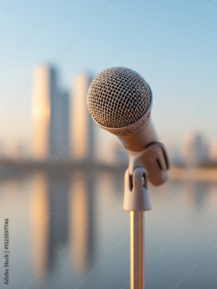 Aufkleber professional microphone close-up with blurred urban background highlights voice amplification for pu