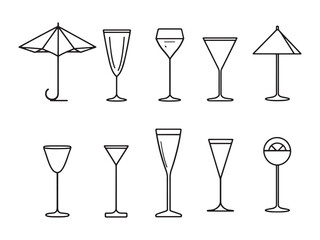 Cocktail Umbrella Minimalist 2D Line Art Set 