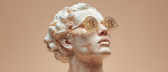 Marble bust with Bitcoin symbol glasses blending classical sculpture and modern crypto culture for digital finance education and investment trends