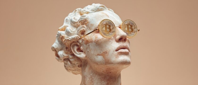 Marble bust with Bitcoin symbol glasses blending classical sculpture and modern crypto culture for digital finance education and investment trends