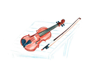 Obraz premium Colorful Child's Drawing of a Violin and Bow on a Stand