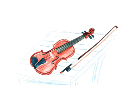 Colorful Child's Drawing of a Violin and Bow on a Stand