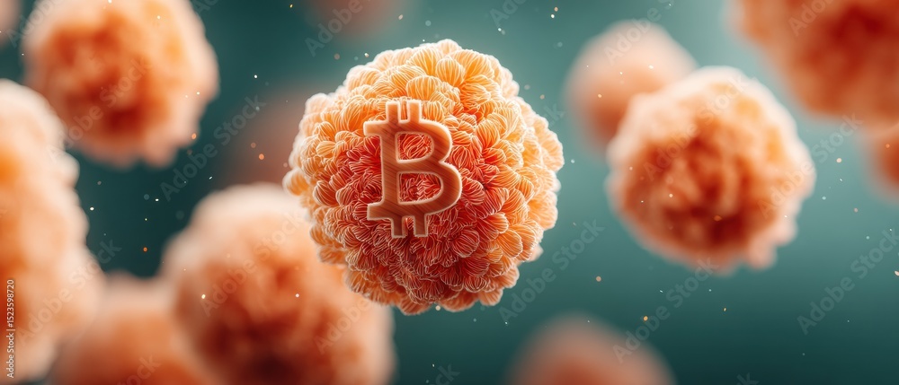 Aufkleber futuristic bitcoin emblem with organic textured particles on dark background for digital asset marke