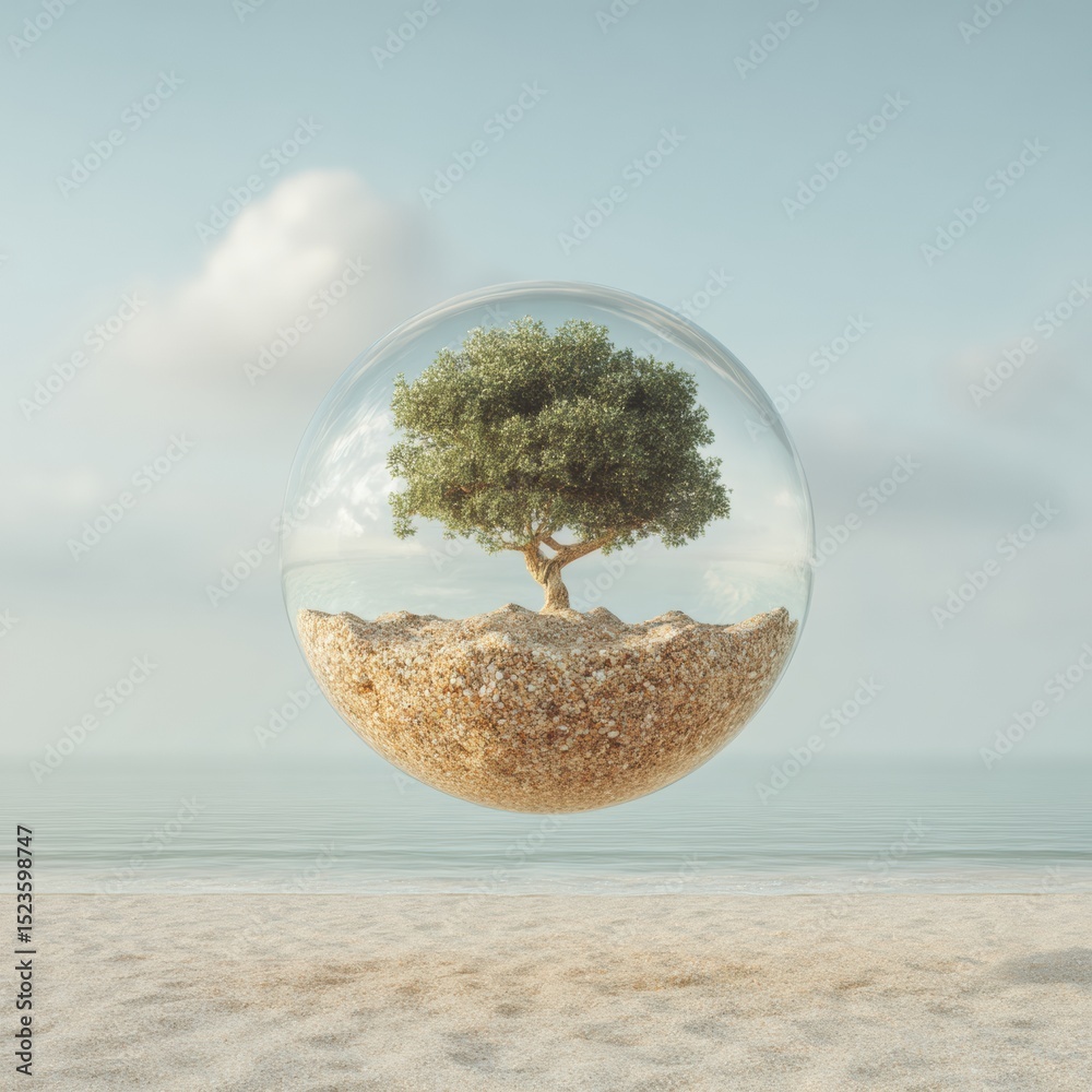 Poster transparent sphere shelter encasing mature tree floating above ocean symbolizing ecosystem protectio