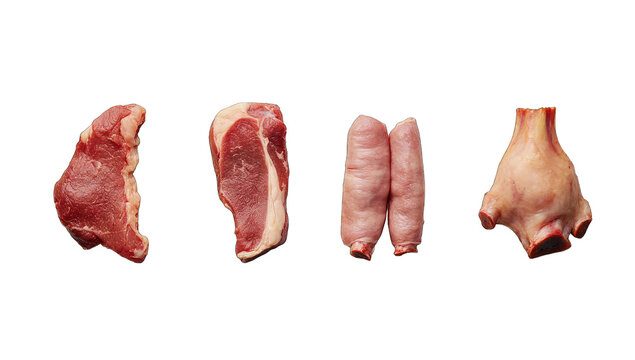 Four cuts of raw meat, likely beef and pork