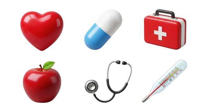 Six health-related digital icons with a realistic 3D appearance and vivid color palette on a white background