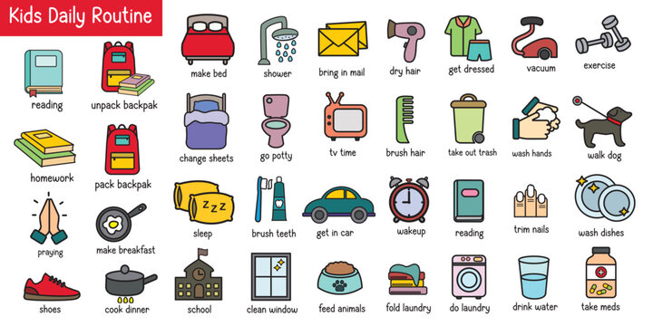 Set of colorful kids daily routine icon, kids chore chart icon vector