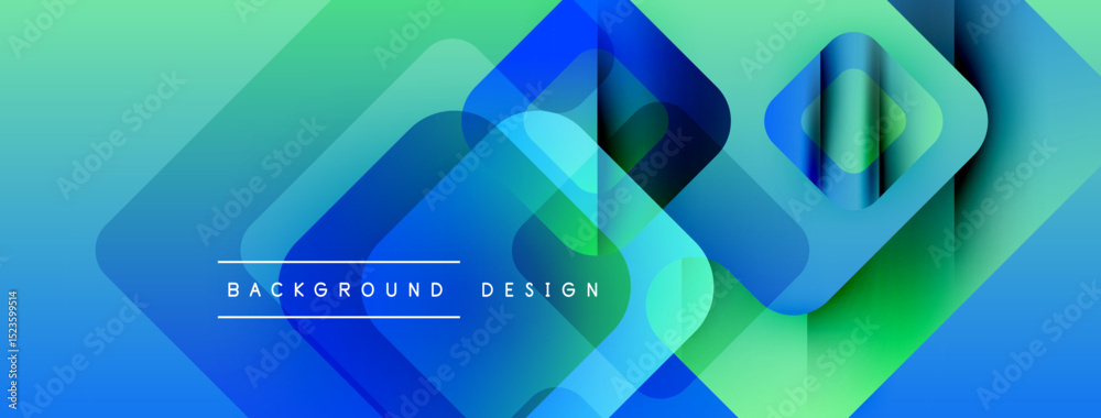 Poster abstract geometric shapes overlap, creating vibrant blue, green gradient. text reads background desi