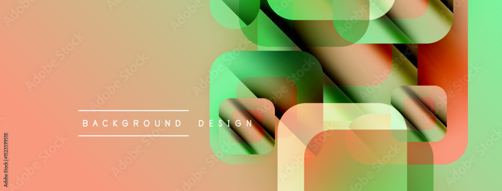 Poster abstract geometric shapes overlap, creating vibrant color gradients. peach, green hues dominate desi