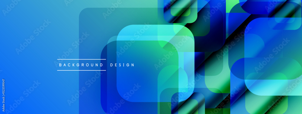 Poster abstract geometric shapes overlap, creating vibrant blue, green gradients. modern design suitable fo