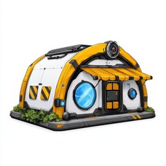 Fototapeta premium Futuristic small building with yellow accents, white curved walls, and blue glowing windows. It has a small awning and sits on a small patch of grass