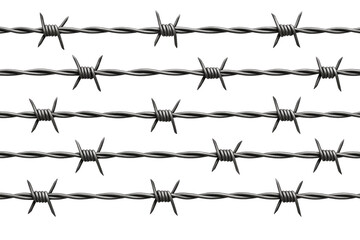 Barbed wire fence with sharp metal spikes in repeating pattern on transparency background