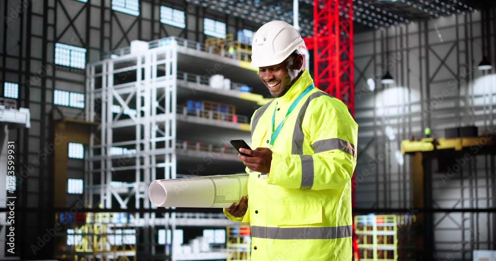 Poster American Engineer Constructing Rocket Center With Smartphone And Blueprint