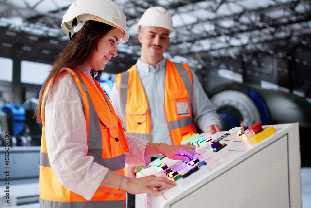 Poster explaining power plant machines, young engineer worker learns