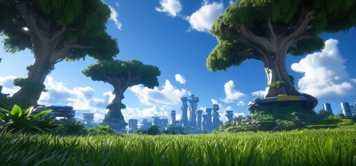 Fototapeta premium Futuristic city skyline with lush trees and grassy field