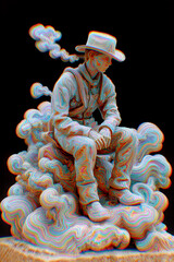Colorful sculpture of cowboy sitting on clouds