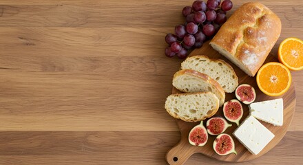 Fototapeta premium a Greek breakfast spread with koulouri bread, fruits, and cheese, arranged to fill the bottom right third 1.